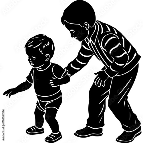 Silhouette of an older child helping a toddler take first steps on a white background children siblings