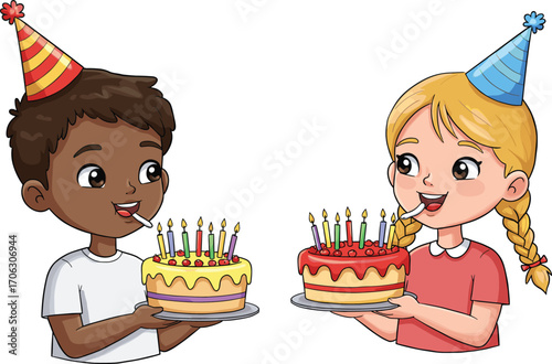 Happy kids celebrating birthday, holding cakes with candles, wearing party hats, smiling together, cartoon children illustration for celebration themes