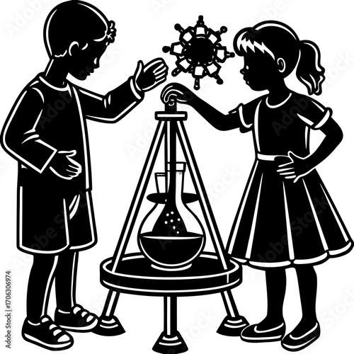 Children conducting a science experiment with a flask and apparatus on a white background silhouette