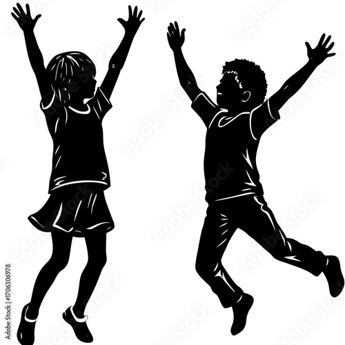 Silhouettes of a boy and girl jumping with arms raised on a white background children leaping