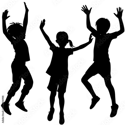Silhouettes of three children jumping with arms raised on a white background leaping