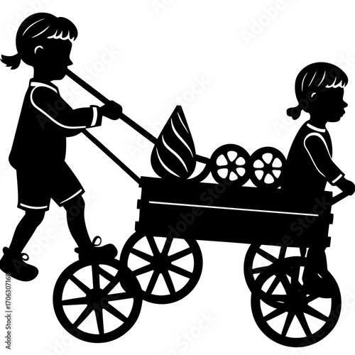 Two children silhouetted pulling and riding in a wagon with toys Keywords: children, kids, boys, girls, wagon, cart, pulling, riding, toys, play, childhood, silhouette, black and white