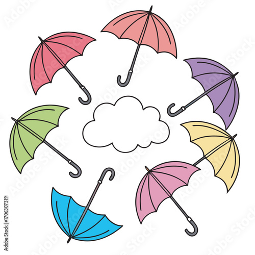 cartoonstyle umbrellas are arranged around a white cloud like center
