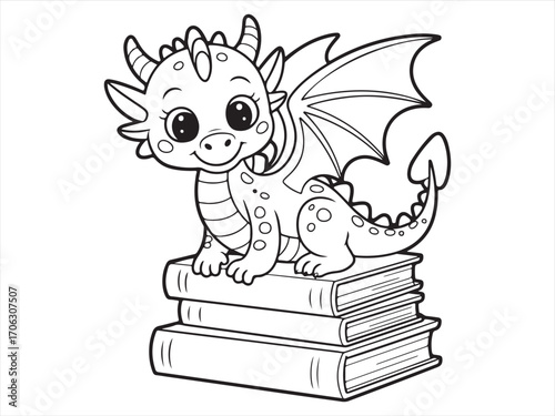 Adorable little dragon perched on stone with plants coloring page artwork
