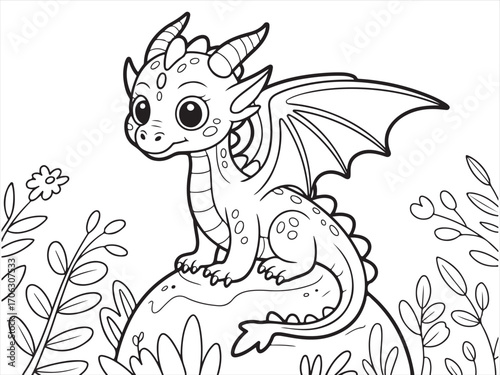 Cute baby dragon sitting on rock fantasy coloring page illustration