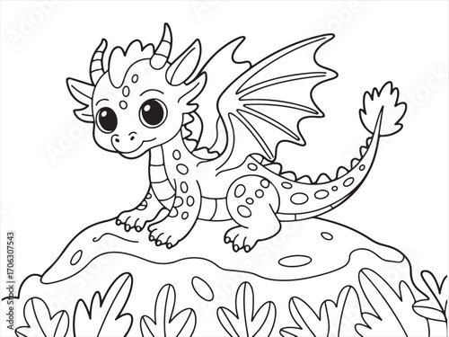 Cute baby dragon sitting on rock with wings and horns in fantasy nature background black and white line drawing coloring page illustration for children and adults mythical creature artwork