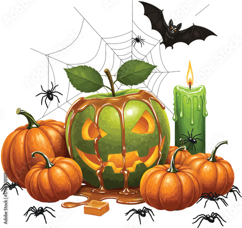 Halloween still life with pumpkins, caramel apple, candle isolated on white background