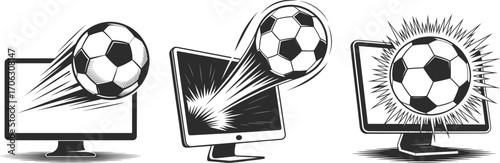 Soccer Ball Breaking Computer Screen Clipart Illustrations Set.