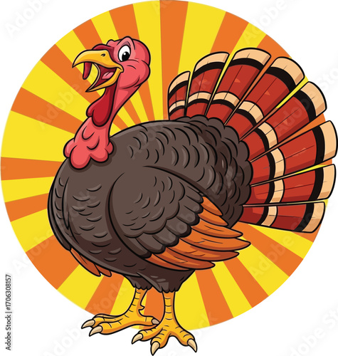 Vector art of cartoon turkey with spread tail feathers