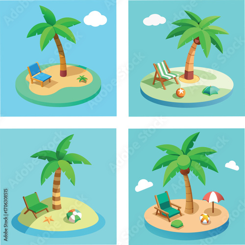 Isometric Tropical Island Vacation Set with Palm Trees Chairs and Beach Accessories