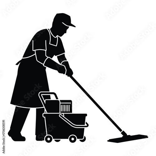 Professional cleaner mopping floor with cart service icon silhouette silhouette