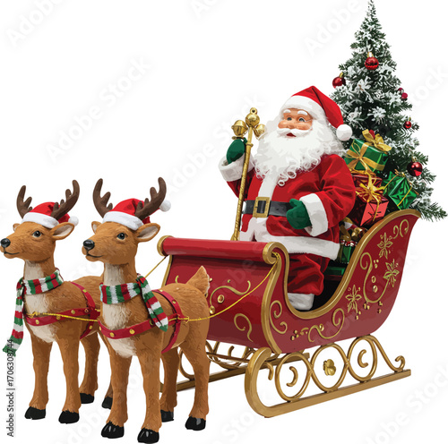 Santa claus in sleigh with reindeer isolated on white background delivering gifts