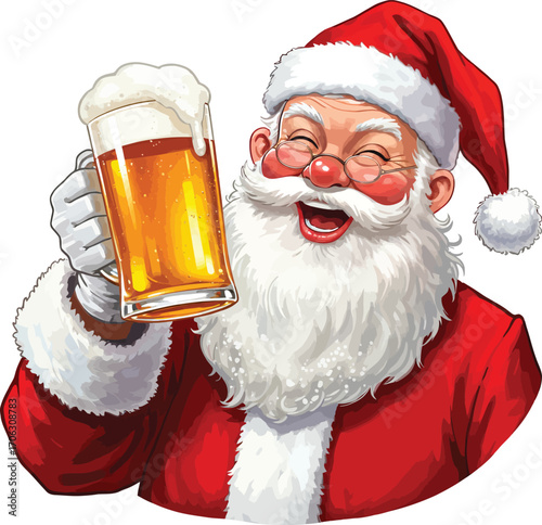 Happy santa claus holding beer isolated on white background celebrating christmas
