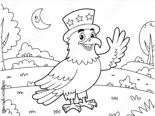 Cartoon eagle wearing patriotic star hat waving wing standing on hilltop black and white line drawing coloring page illustration for children and adults symbol of freedom and celebration