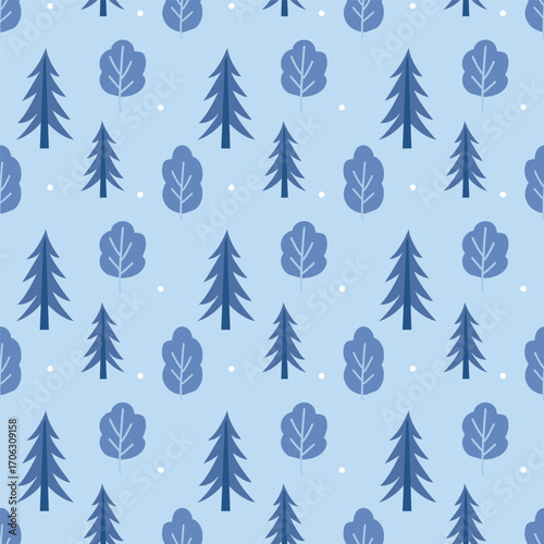 Seamless Winter Tree Pattern with Snow on Blue Background