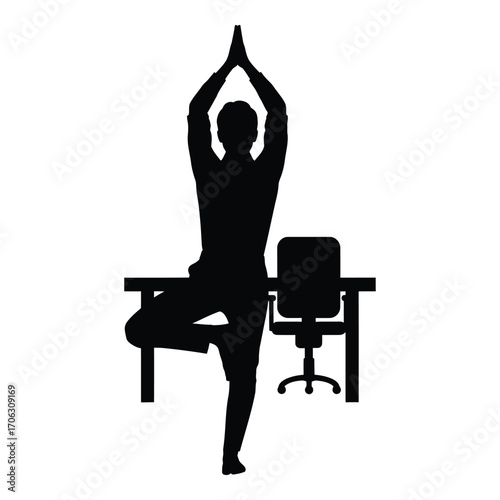 Silhouette of a person doing yoga tree pose in an office setting silhouette