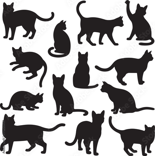 playful cat silhouette in various poses. cat vector are Perfect for pet themed vector illustrations. Captures the essence of feline behavior and movement
