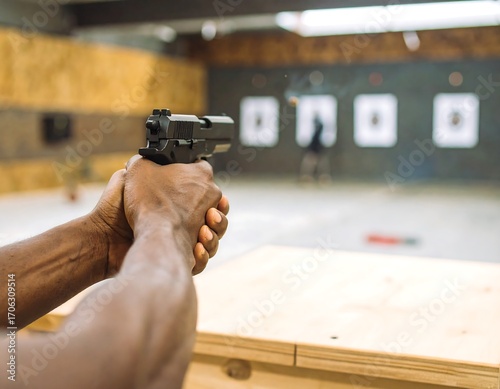 Person aiming a handgun at a target range