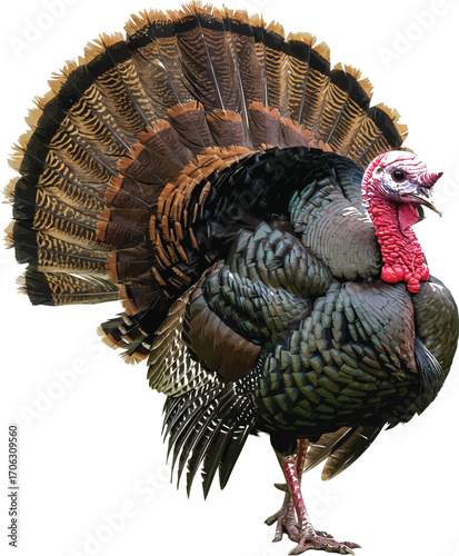 Turkey with beautiful feathers isolated on white background