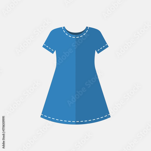 A simple blue short-sleeved dress with white stitching detail.