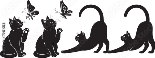 ute Cat Silhouettes with Butterflies – Playful Feline, Nature, and Animal Vector Collection