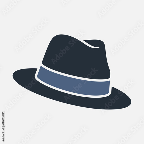 Dark fedora hat with blue band on light grey background.