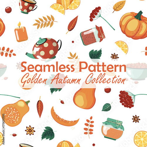 Seamless Autumn Pattern with Pumpkins, Rose Hips, Oranges, Viburnum Twigs and Cozy Seasonal Elements