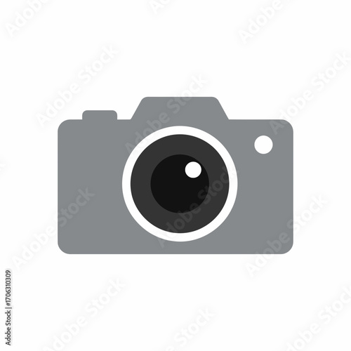 Stylized graphic of a camera icon with lens and flash.