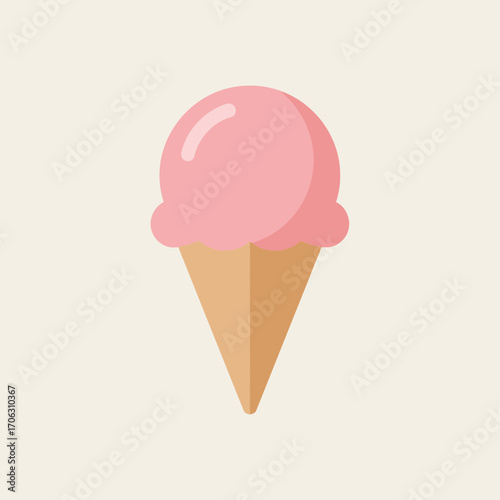 Pink ice cream in a cone on a light background.