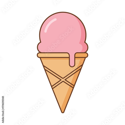 Pink ice cream in a waffle cone dripping slightly.