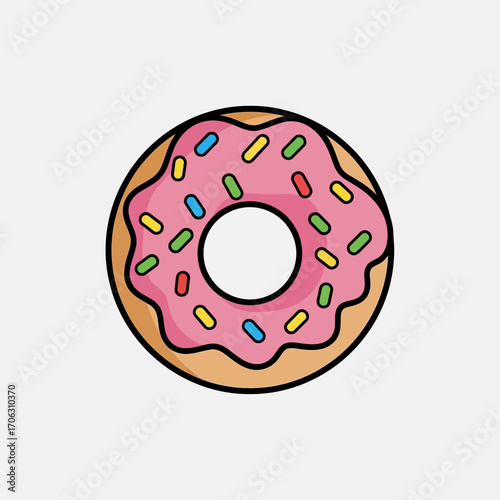 A pink frosted donut with colorful sprinkles on a light gray background.