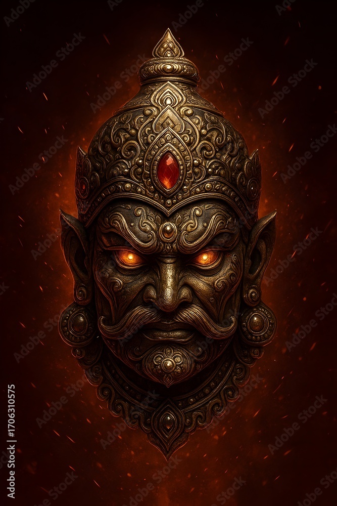 Fototapeta premium Embossed Metallic Divine Festival Mask,Fiery Gemstone-Encrusted Mythical Mask,generative ai