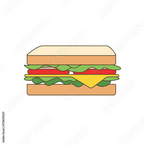 A layered sandwich with cheese lettuce and tomato on white bread.