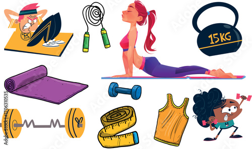 Fitness and weight training vector sticker set with dumbbells protein supplements kettlebell jump rope yoga pilates elements