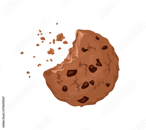 Bite chocolate biscuit and crumbs isolated on white background. Vector cartoon flat illustration of crunchy cookie. 