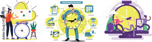 Time management vector set with characters using artificial intelligence tools to organize schedules, delegate tasks, and boost business productivity