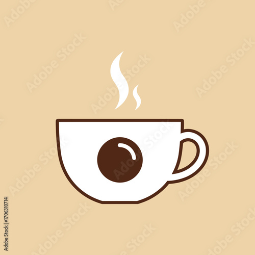 A steaming cup of coffee on a light brown background.