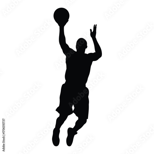 Dynamic silhouette of a basketball player shooting a ball in mid-air silhouette