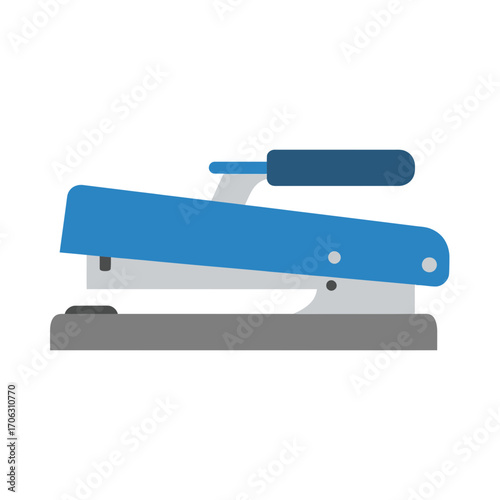 Blue stapler on a gray base against a white background.