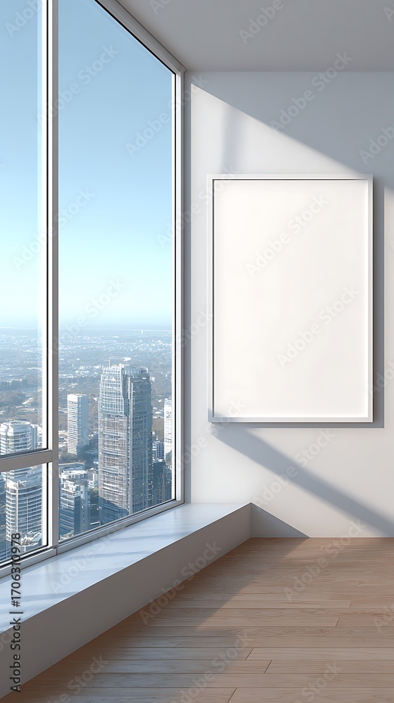 Fototapeta premium Blank frame on wall in modern office with city view and wooden floor