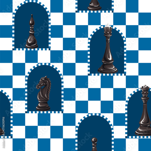 Seamless Chess Pieces Vector Pattern Featuring Classic Black and White King Queen Rook Knights