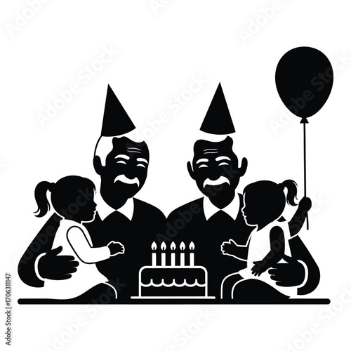 Generations celebrate together two grandparents two children cake balloons happy family gathering silhouette