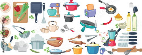 Kitchen utensil vector set with frying pan cutting board grater wok and essential cooking tools illustration
