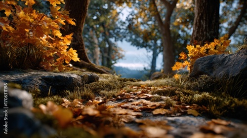 Autumn Forest Path with Golden Leaves and Sunlight