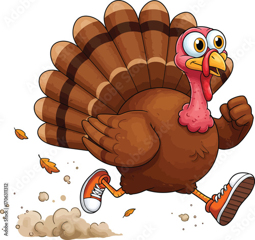 Cartoon turkey running isolated on white background, thanksgiving illustration