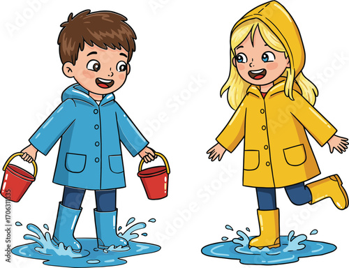 Cartoon children splashing in puddles wearing colorful raincoats and boots, rainy day outdoor fun vector illustration for playful weather scenes