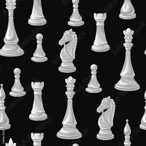 Seamless Chess Pieces Vector Pattern Featuring Classic Black and White King Queen Rook Knights