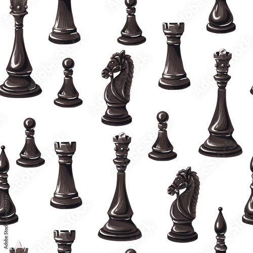 Seamless Chess Pieces Vector Pattern Featuring Classic Black and White King Queen Rook Knights