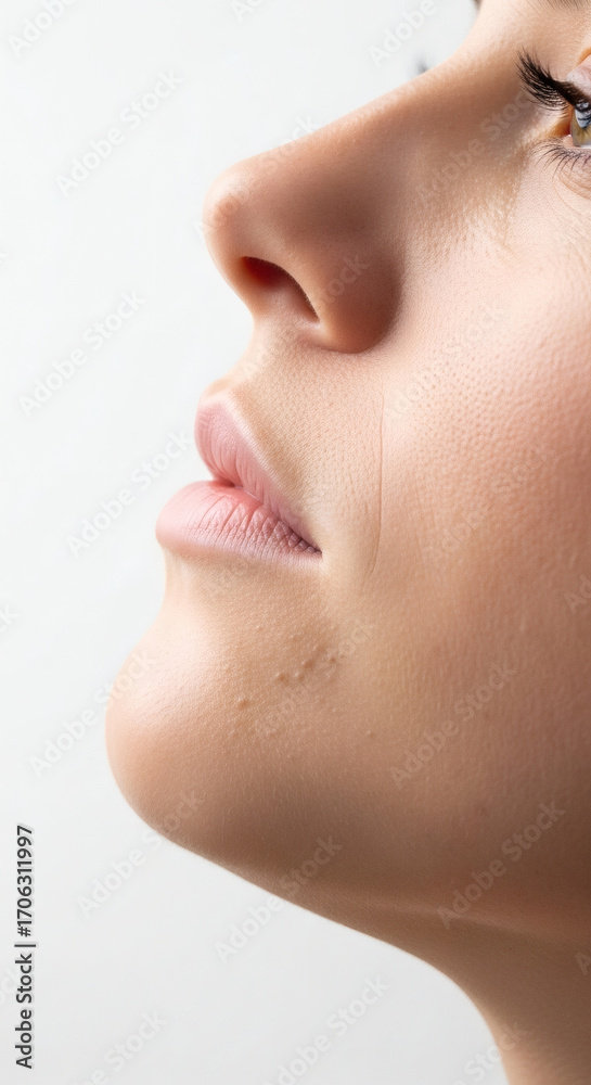 Obraz premium Close-up profile view of a young woman's face, highlighting her delicate lips, chin, and cheek with subtle skin texture, against a clean white background.