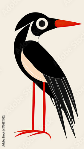 Stylized minimalist vector illustration of black and white bird with long red beak and legs in flat geometric design for wildlife art decor and nature themes